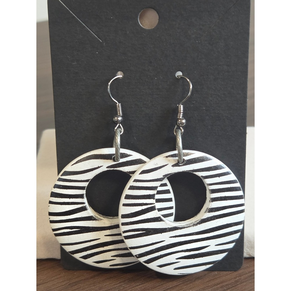 Zebra Print Wooden Hoop Earrings Black White Animal Pattern Drop Fishhook